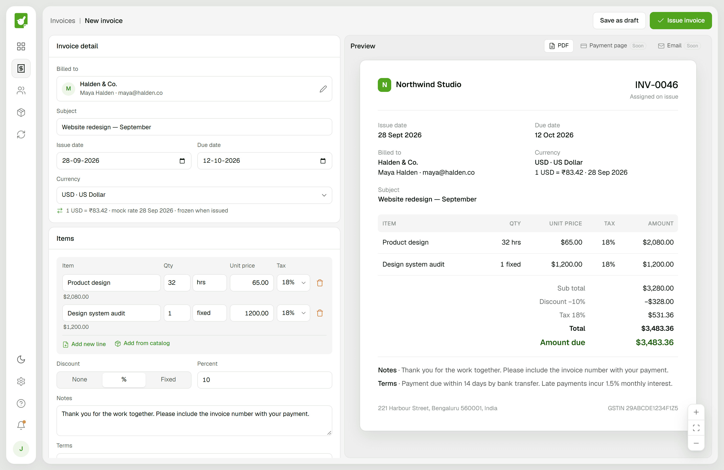 Duewren's invoice builder: the invoice form on the left and a live preview of the invoice on the right.